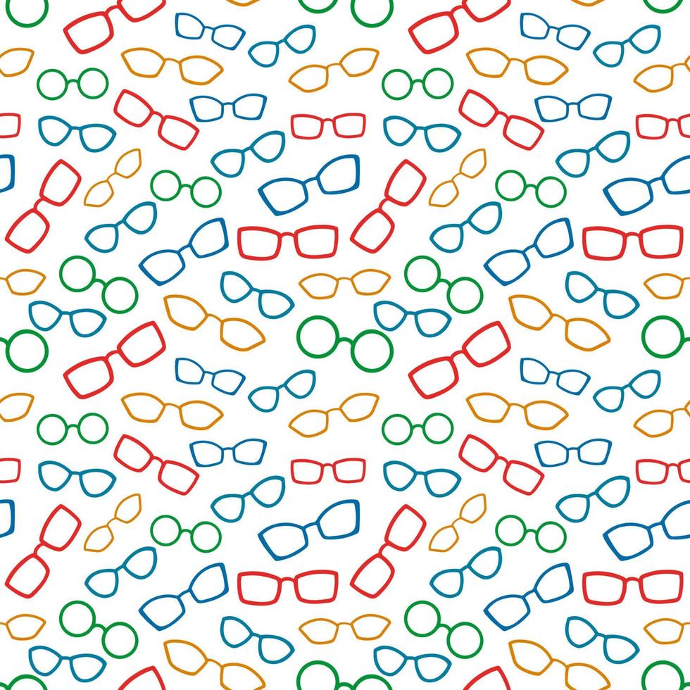 Vector colorful seamless pattern with glasses isolated on white background. Flat style illustration for fabric, textiles, scrapbooking, clothing, advertising.