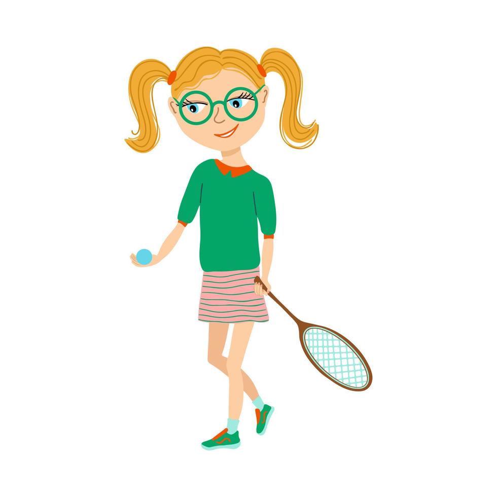 Vector illustration of female athlete playing tennis. Young girl with ball and racket. Cartoon style portrait isolated on white background.