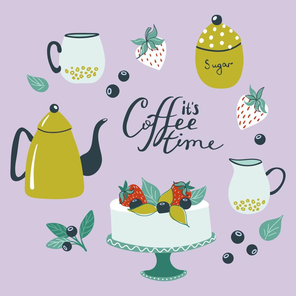 Set of elements with cake, berries, ceramic tableware and lettering text. It's coffee time slogan. Hand drawn vector illustration for banners, menu, cards, design.