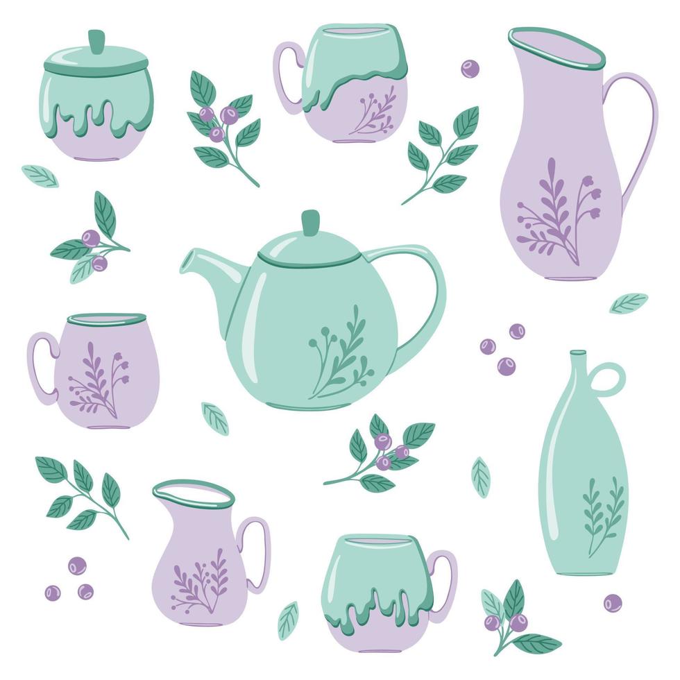 Ceramic kitchenware. Porcelain tea service. Traditional tableware vector isolated icons set. Hand drawn colorful trendy vector illustrations.