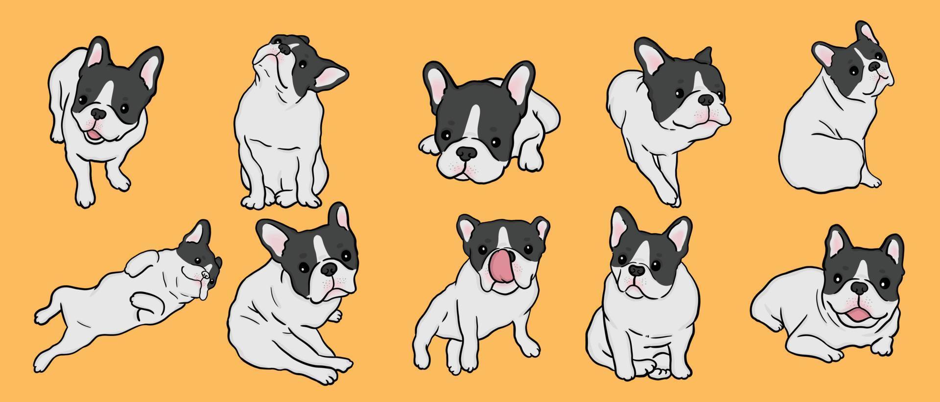 bulldogs franceses juego de bulldogs vectoriales. cachorro de dibujos animados divertido aislado sobre fondo amarillo vector