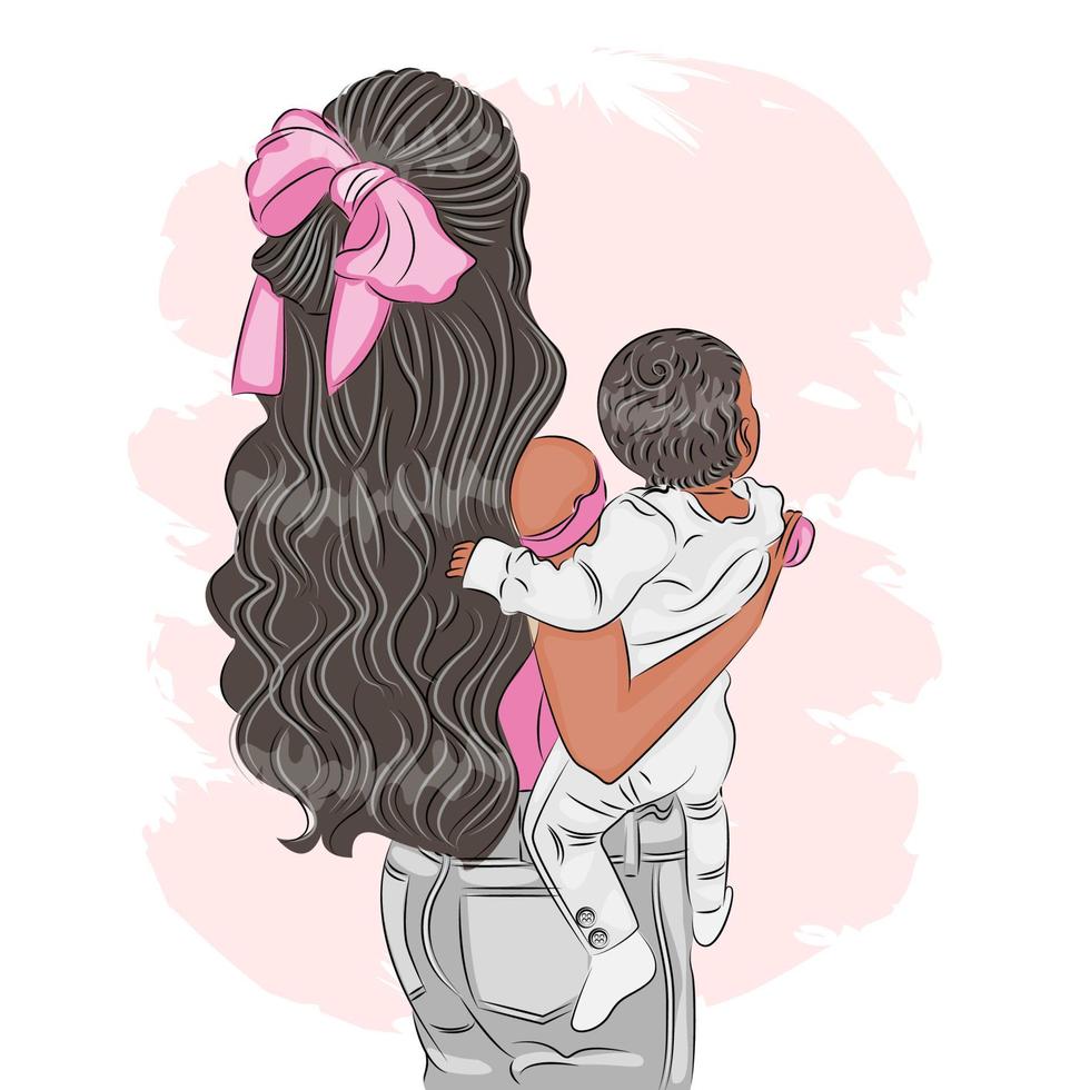 joven madre sosteniendo a un lindo bebé en sus brazos, dibujando con una línea en color, ilustración vectorial de una madre sosteniendo a su pequeña hija en sus brazos, feliz tarjeta de felicitación del día de la madre. vector