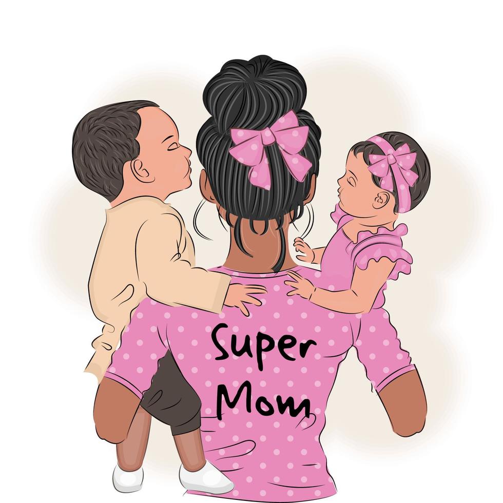 Mom with two young children son and daughter in her arms, lettering, cute illustration, childcare, vector illustration