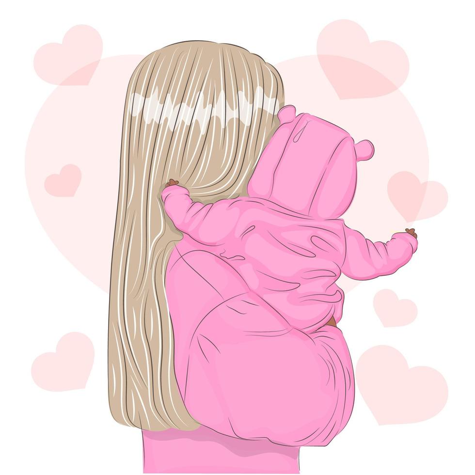Mother and child, little daughter in the arms of her mother, dressed in a teddy bear, the concept of motherhood and love, vector illustration