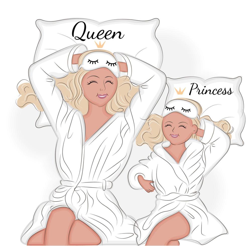 Mother and daughter in robe, lying in bed, pajama party, cute vector illustration