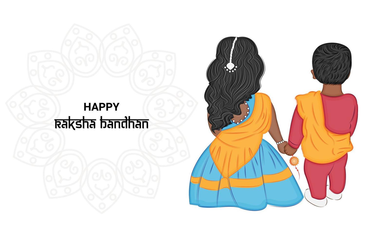 Girl and boy celebrating Raksha Bandhan holiday, vector illustration, greeting card print, textile, packaging