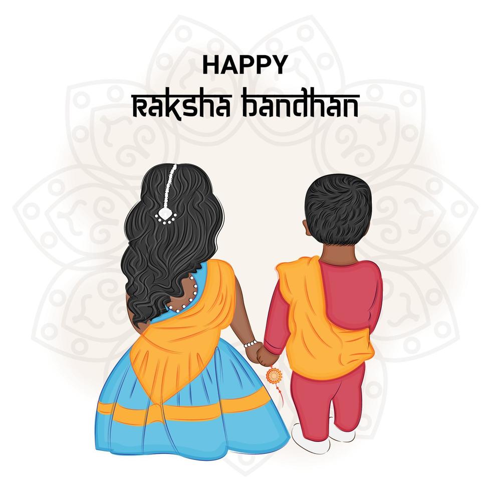 Girl and boy celebrating Raksha Bandhan holiday, vector illustration, greeting card print, textile, packaging