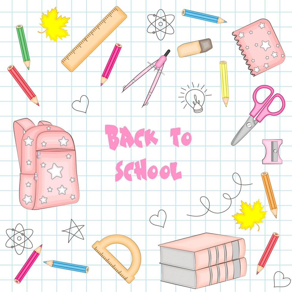 Back to school poster, school supplies in doodle style on the background of a checkered notebook, vector illustration