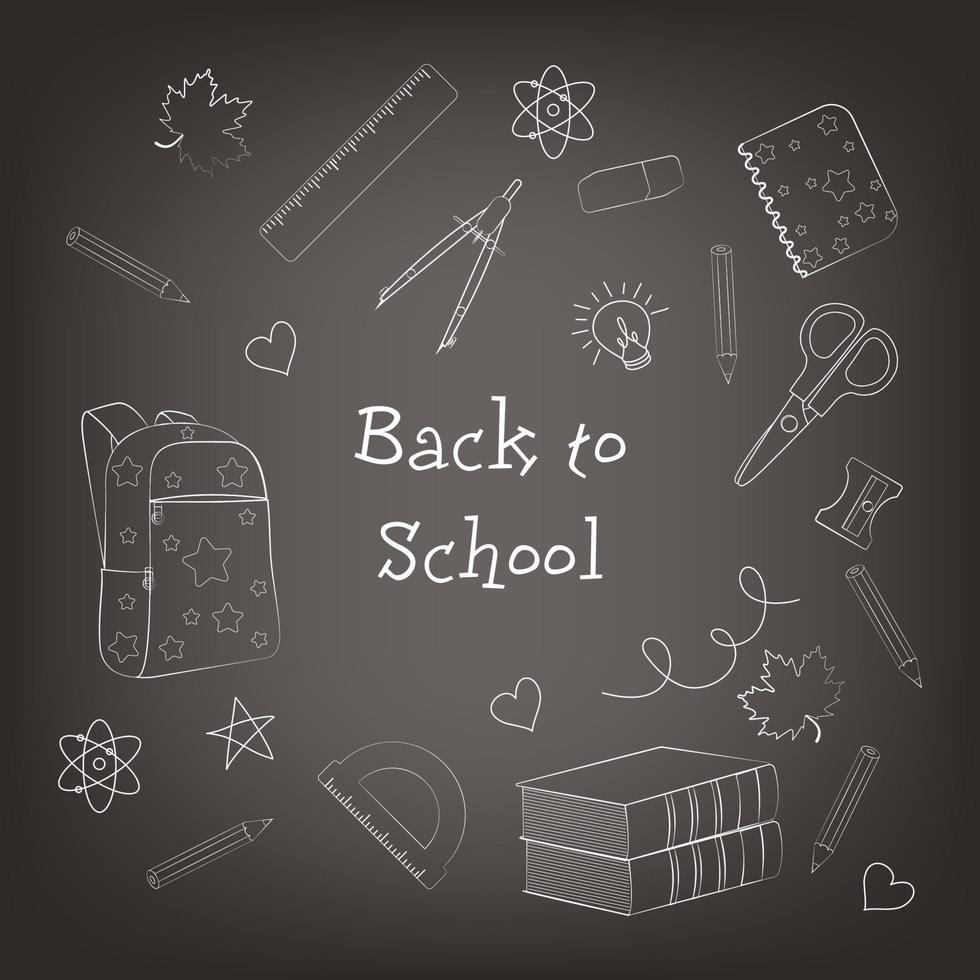 Poster Back to school, school supplies in scribble style with chalk on blackboard background, vector illustration