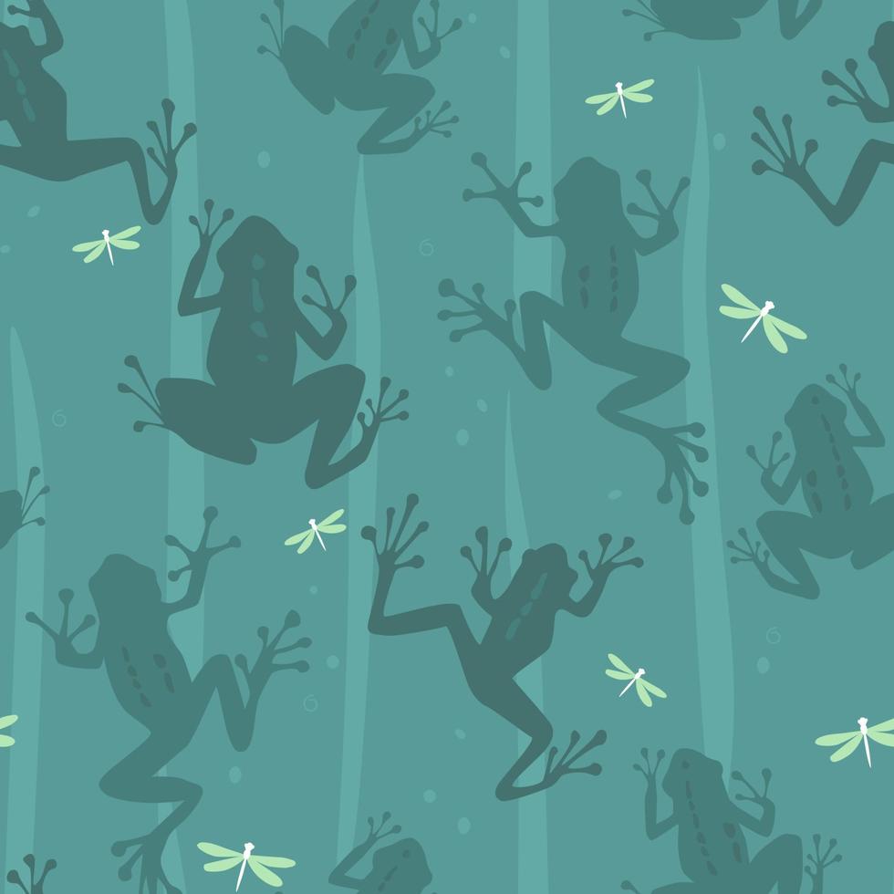 Seamless pattern with animal frogs and dragonflies. Abstract modern print with silhouettes of aquatic amphibians. Vector graphics.