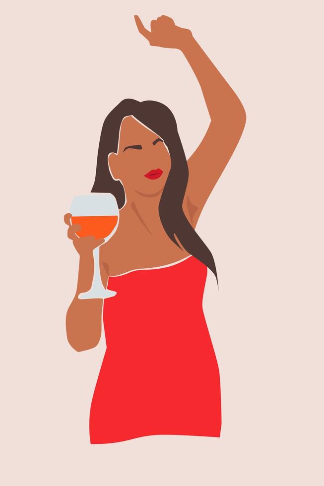 Beautiful girl dancing in evening dress with a glass of wine. Abstract modern portrait of women at a party. Vector graphics.