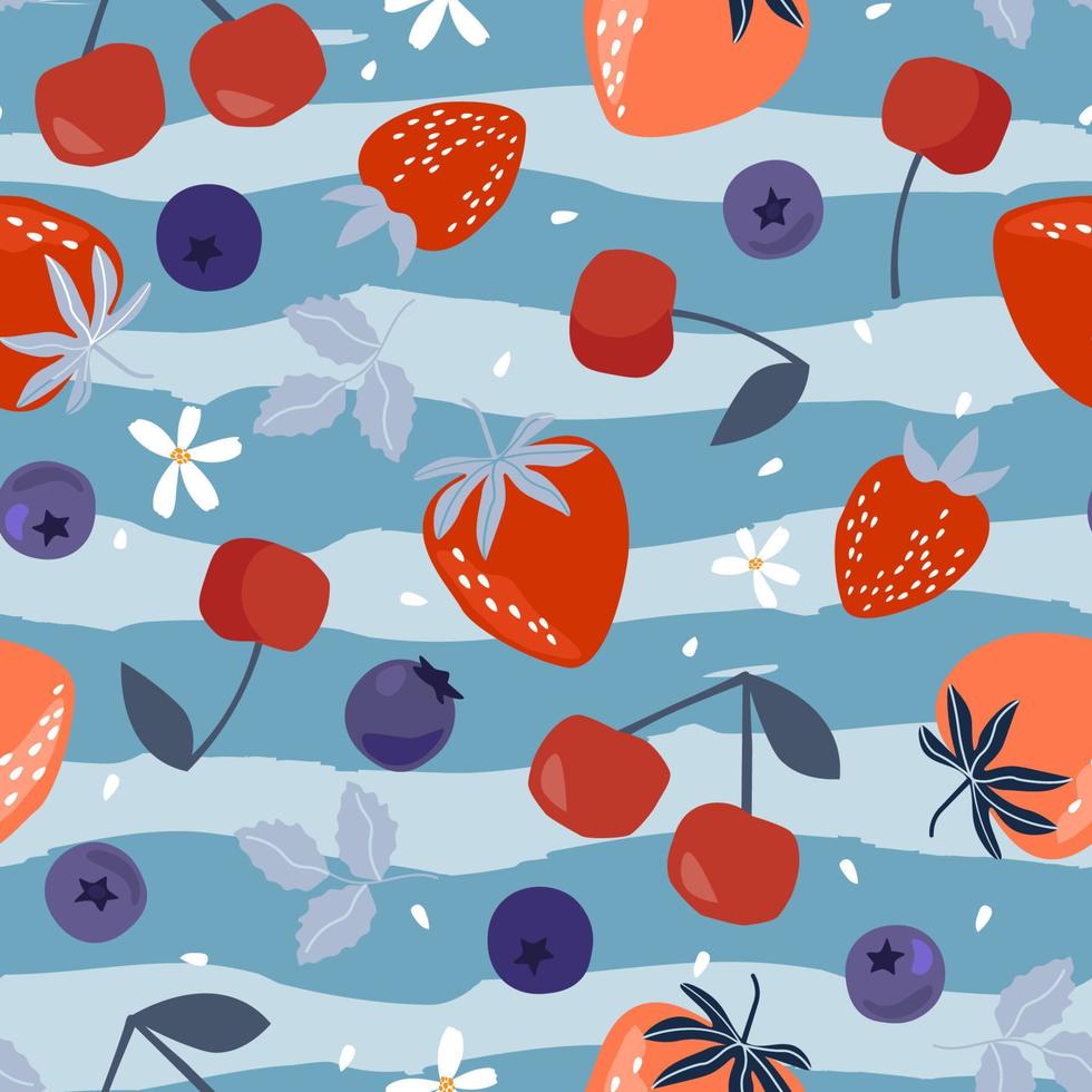 Seamless pattern of juicy blueberries, cherries and strawberries. Summer fruit print. Vector graphics.