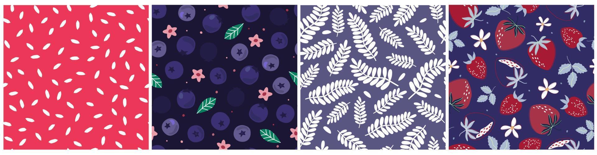 A set of seamless patterns with juicy blueberries and strawberries. Summer fruit print. Vector graphics.