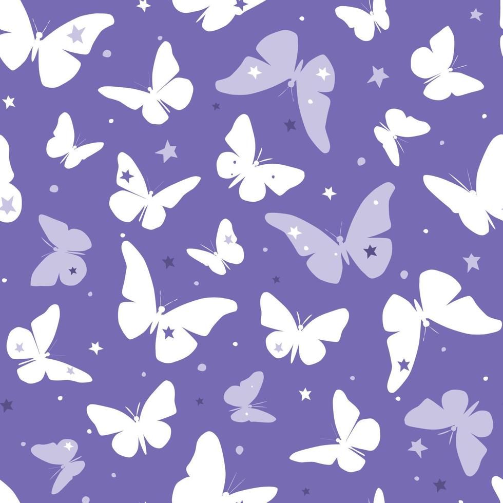 Seamless pattern with silhouettes of butterflies against the starry sky. Vector graphics.