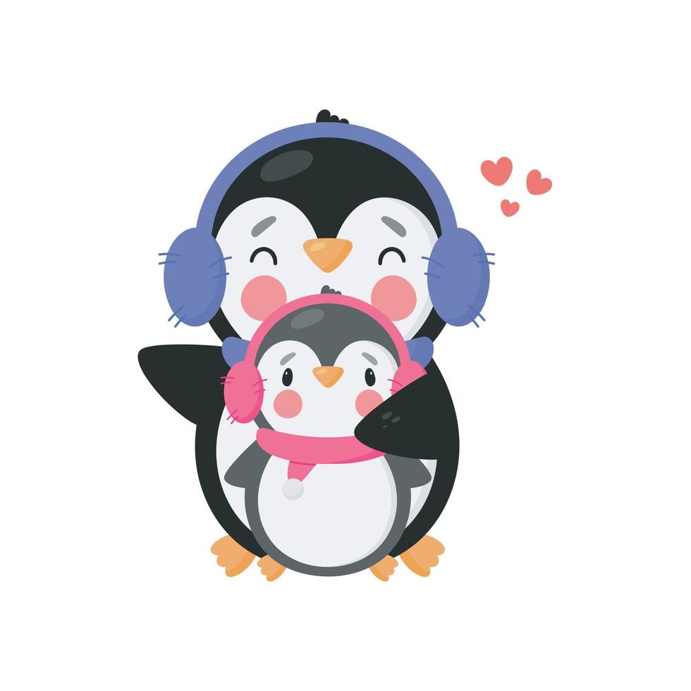 Cute Penguin and baby. Cartoon style. Vector illustration. For card, posters, banners, books, printing on the pack, printing on clothes, fabric, wallpaper, textile or dishes.