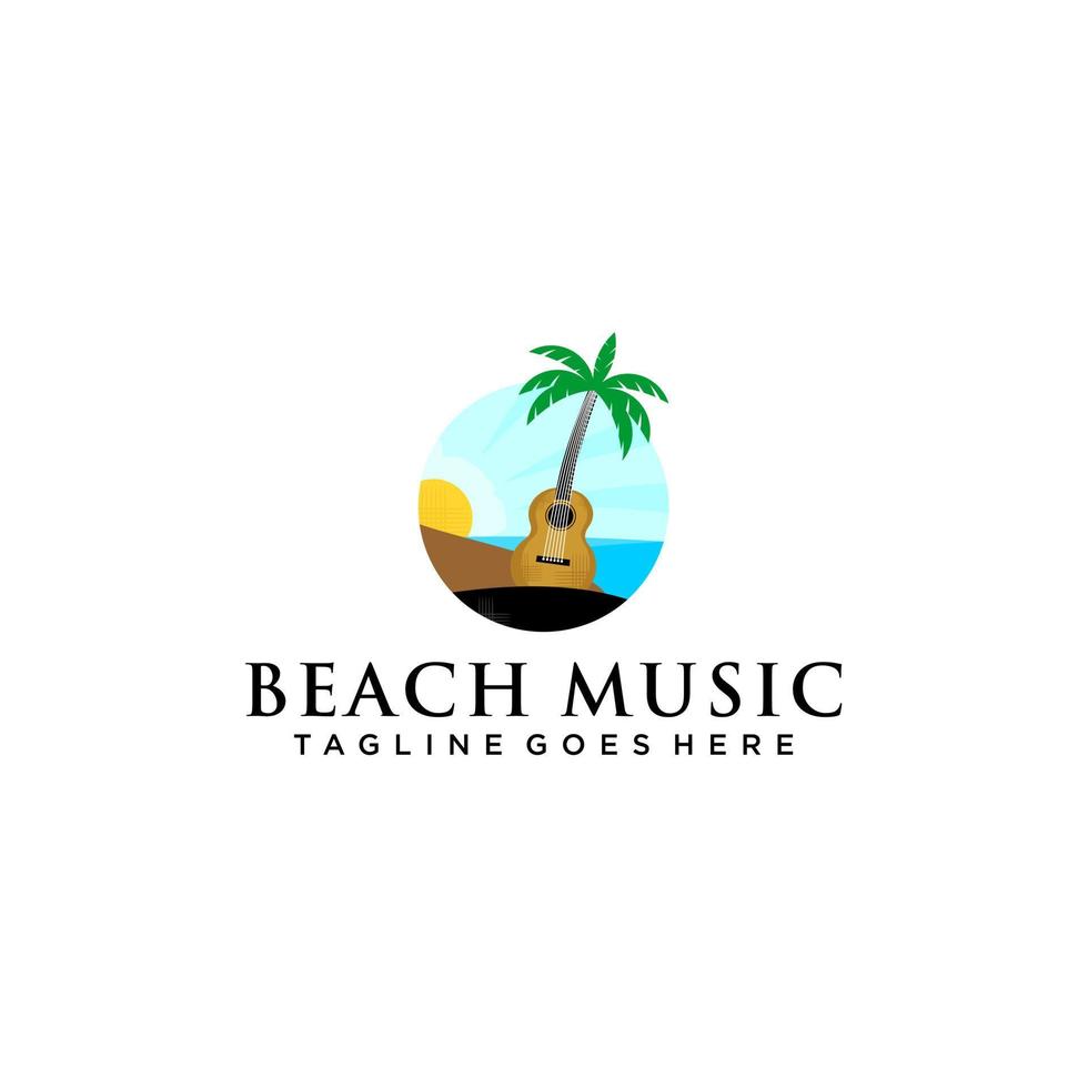 logo musical en la playa con vista a la playa y diseño de ukelele vector