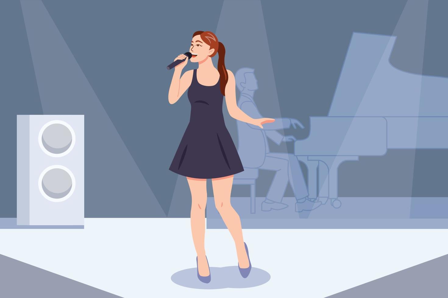 mujer joven cantando con micrófono cantante de jazz en el escenario del concierto., personajes de dibujos animados ilustración vectorial. vector