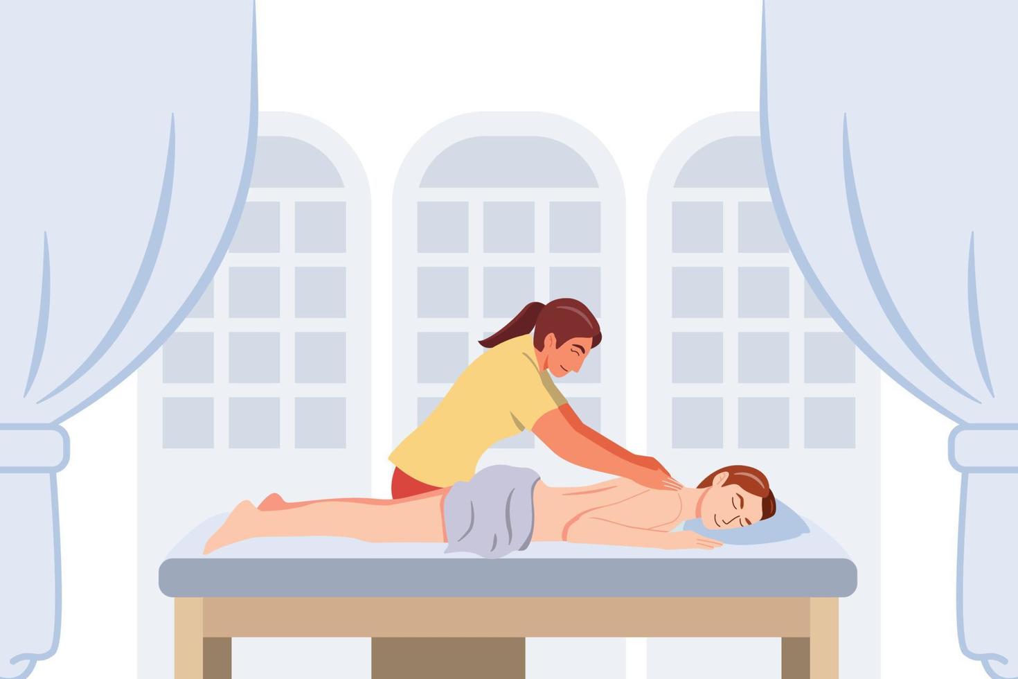 Relaxed woman getting back massage in spa with professional massage therapist. Wellness, cartoon characters Vector illustration.