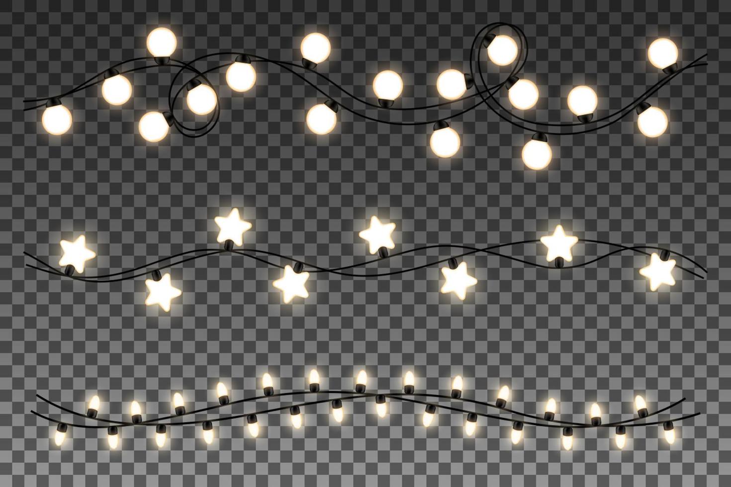 Glowing lights isolated on transparent background. Set of realistic glowing garlands. Vector illustration.