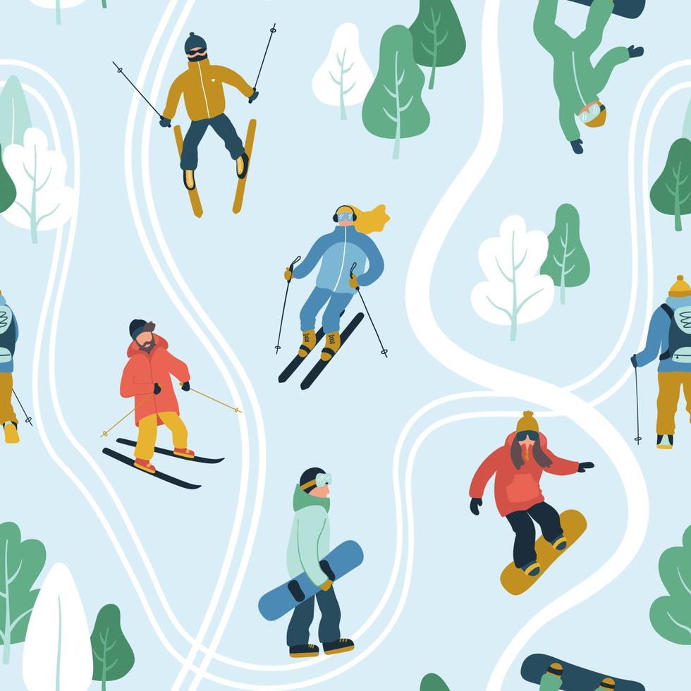 Seamless pattern with young people at mountain resort. Skiing and snowboarding. Winter sports illustration. vector