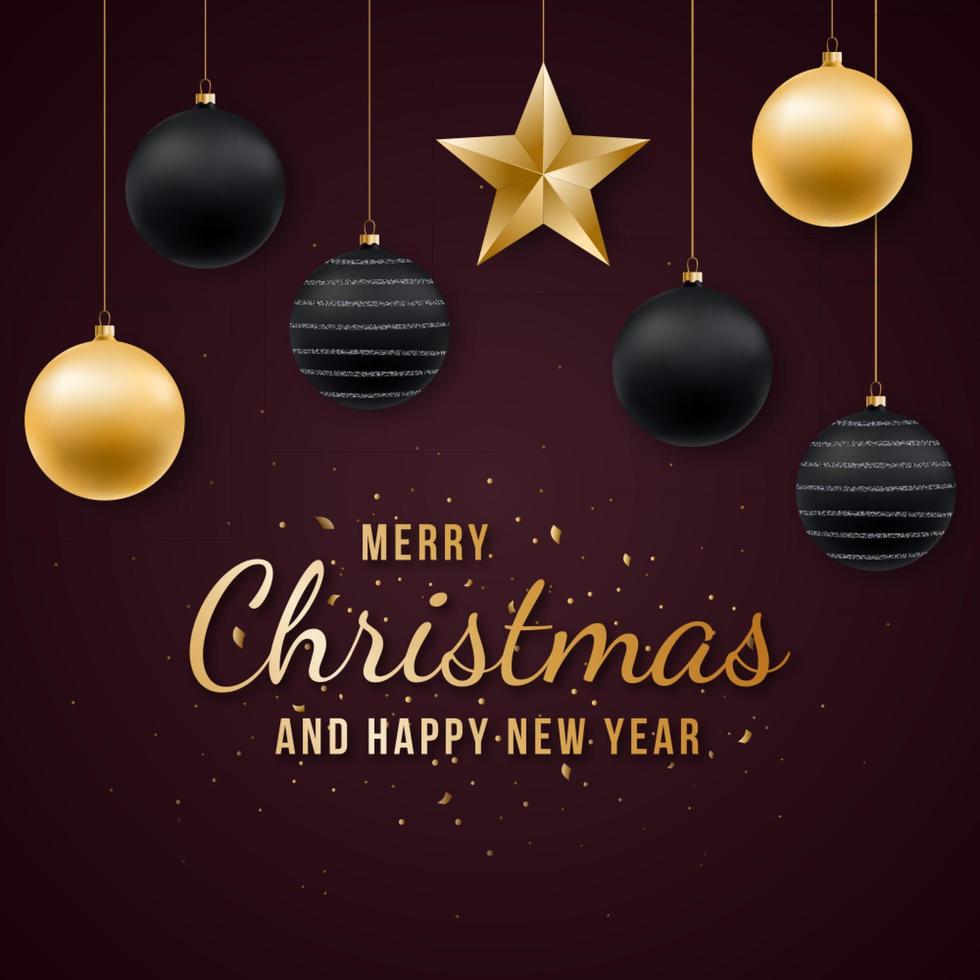 Merry Christmas and New Year background with shiny golden and black balls, text and confetti. Vector design template.