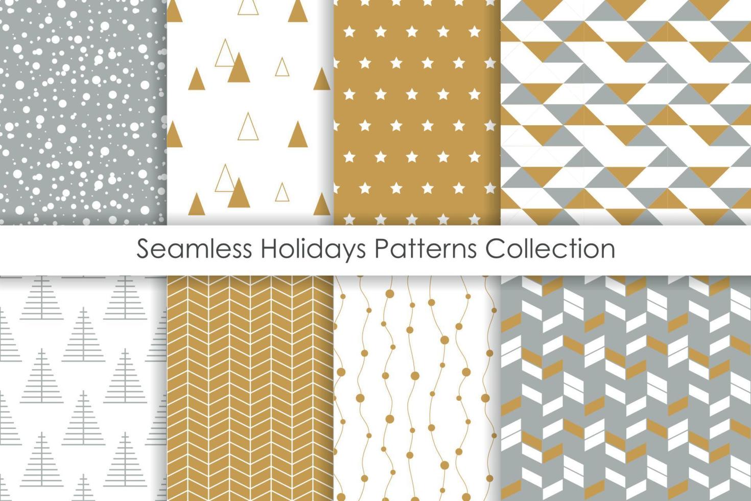 Set of Christmas seamless patterns. Collection of simple geometric backgrounds with golden, white and gray colors. Vector illustration.