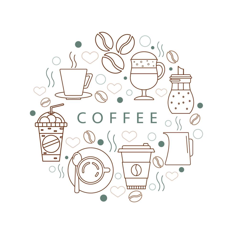 Circle of icons with Coffee. Concept with different coffee elements. Illustration for t-shirts, banners, flyers and other types of business design. vector