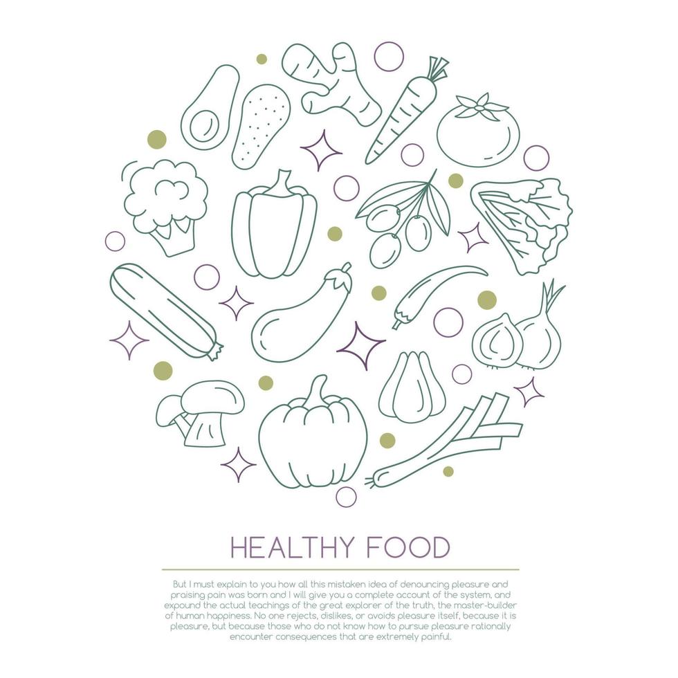 Vegetable Line Icons Set Circle Shape. Healthy Vegetarian Food Outline Objects. vector