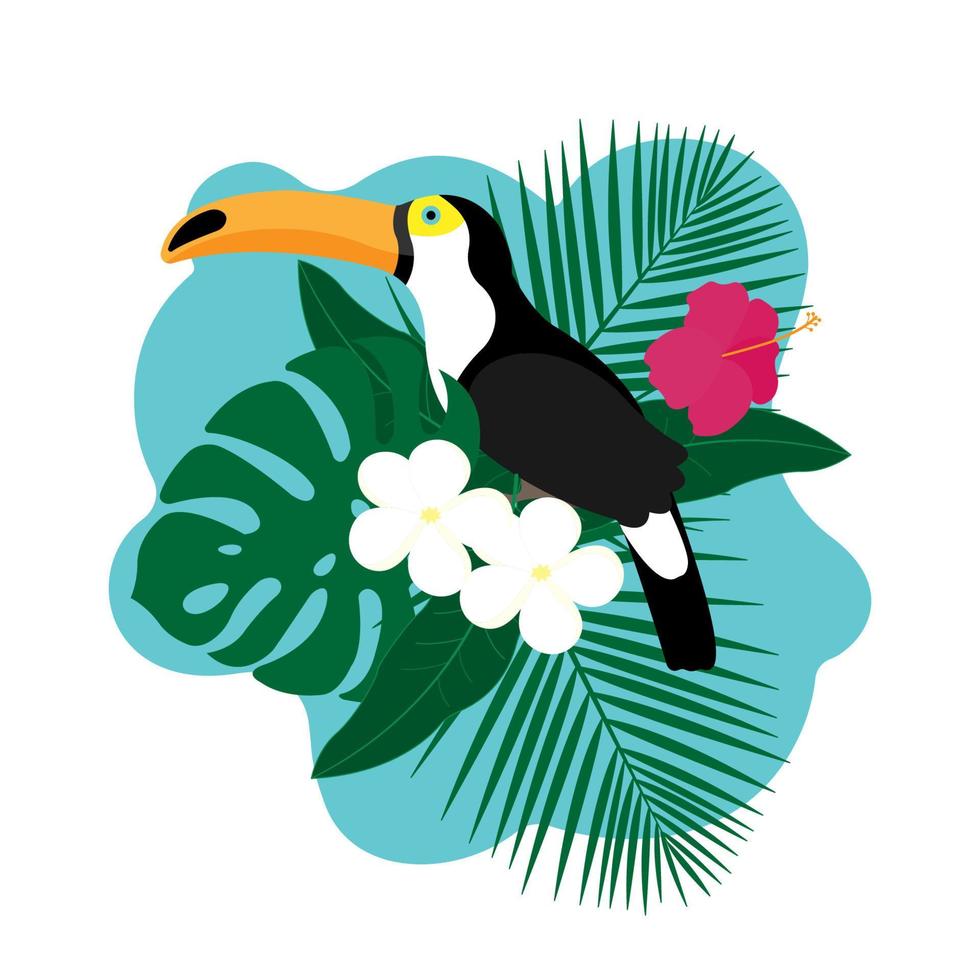 Exotic Toucan Bird, Colorful Hibiscus Flowers Blossom and Tropical Leaves, Isolated on White Background. Vector illustration.