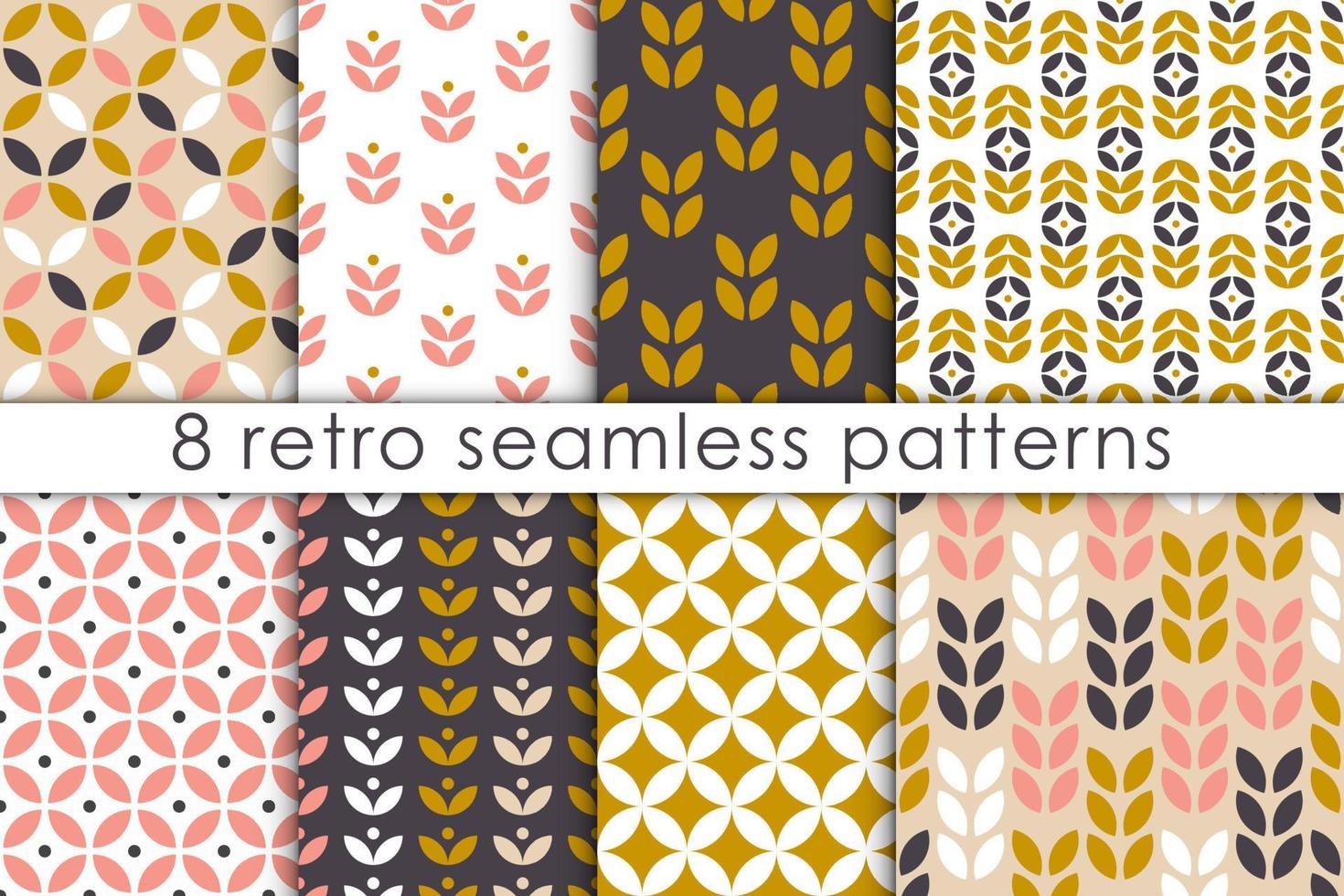 Set of floral seamless pattern in scandinavian style. Retro geometric textures collection. Vector wallpaper.
