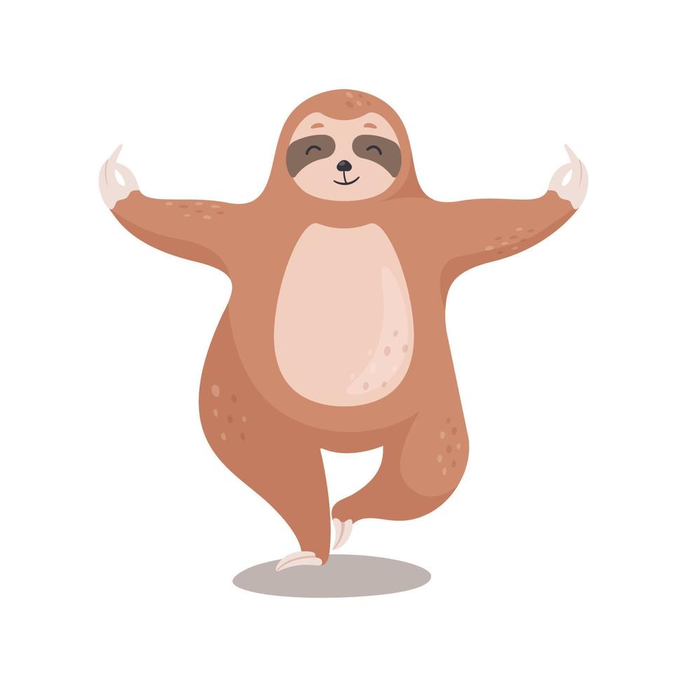 Cute cartoon Sloth standing in yoga pose. Sloth bear isoleted on white background. Vector illustration.