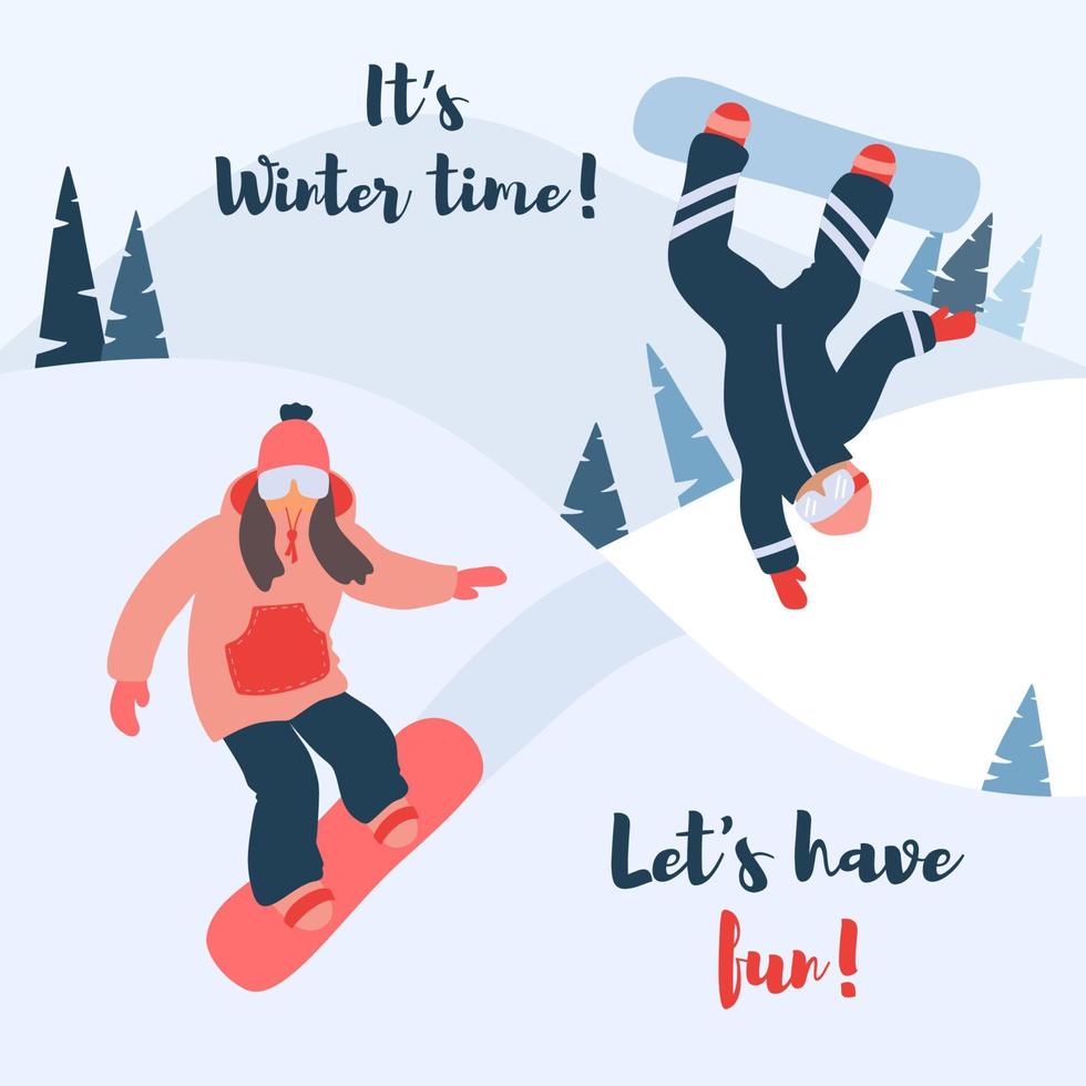 Cartoon vector illustration of snowboard. Couple of snowboarders in the mountains. Active winter sport.