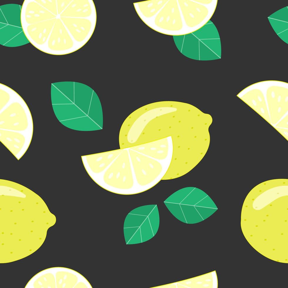 Seamless pattern with lemons on the black background. Vector illustration.