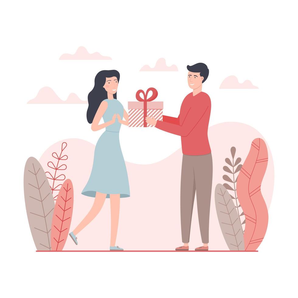 el hombre le da un regalo a una mujer para el día de san valentín. diseño de feliz día de san valentín. ilustración vectorial plana. vector