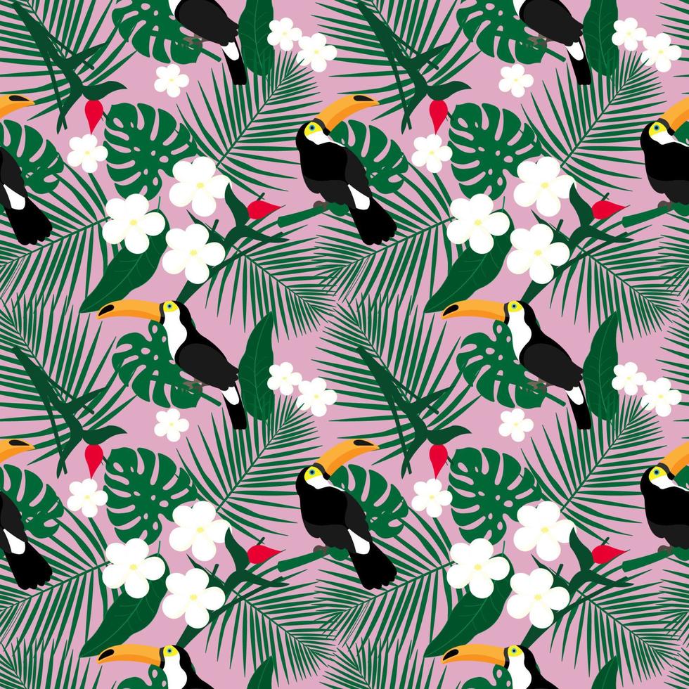 Bright tropical seamless pattern with toucan and tropical leaves. Jungle texture. Perfect for wallpapers, pattern fills, web page backgrounds, surface textures, textile. Vector Illustration.