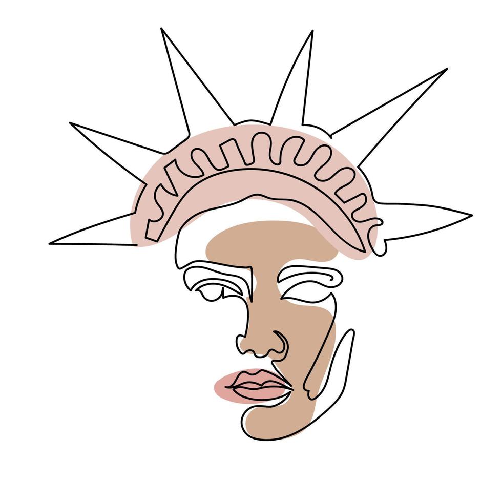 One line Statue of Liberty face.  Minimalist continuous linear vector illustration. Patriotic modern wall art.