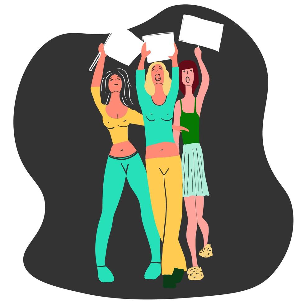 Protesting women of different races with banners in their hands defend their rights to abortion. Abortion rights vector illustration. People protest against the ban on abortion in the USA.