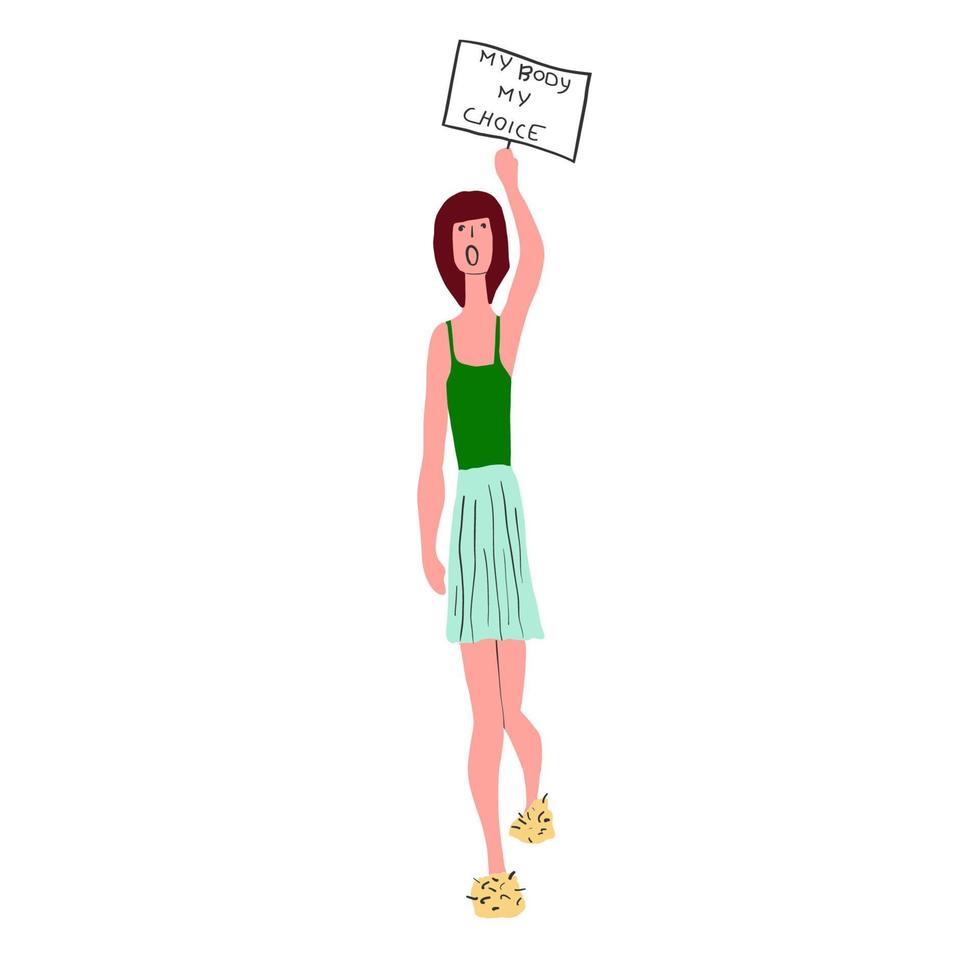 Protesting women of different races with banners in their hands defend their rights to abortion. Abortion rights vector illustration. People protest against the ban on abortion in the USA.