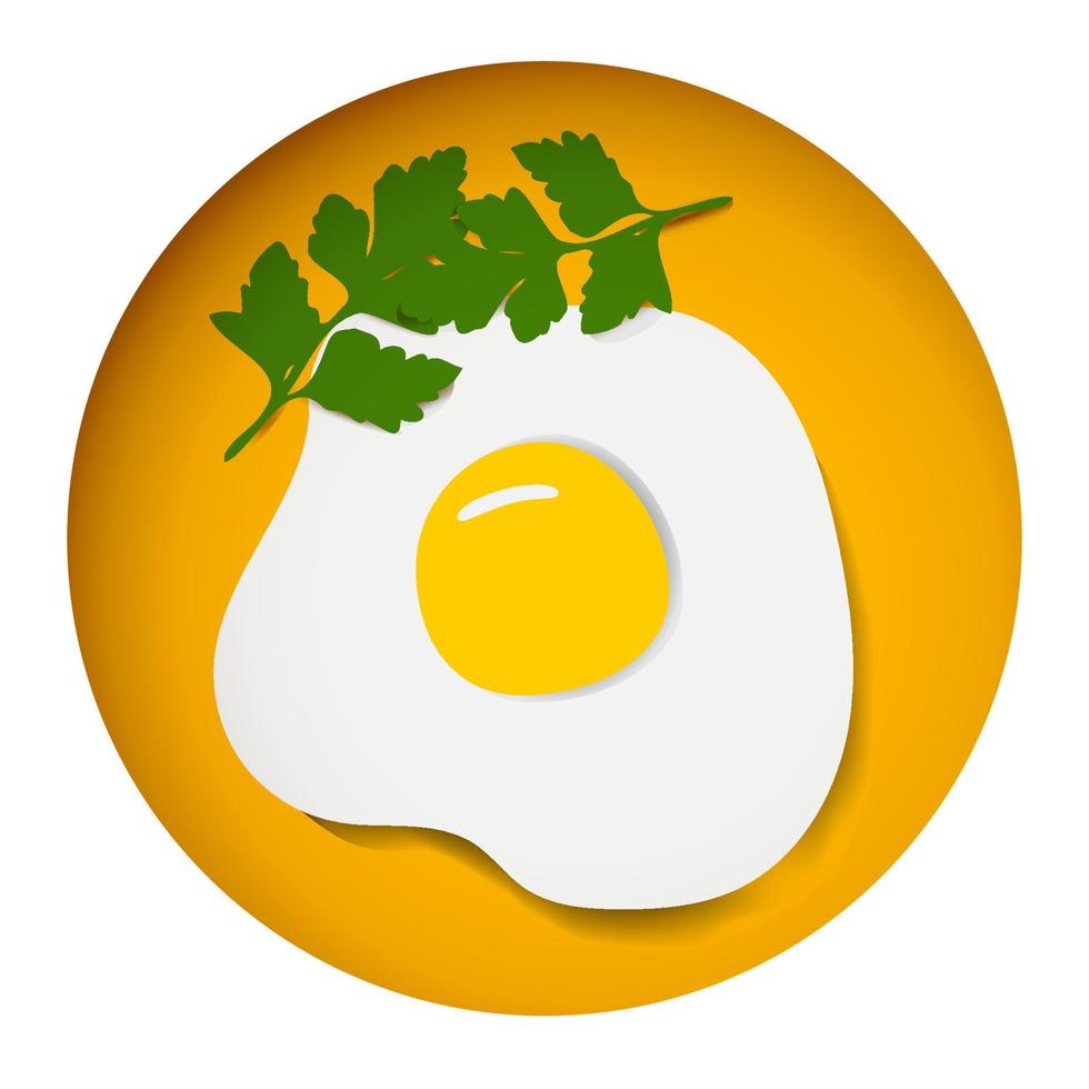 Healthy breakfast. Scrambled eggs with parsley . Paper cut vector illustration.