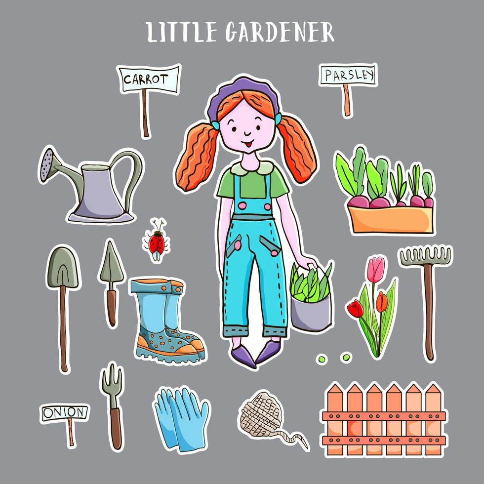 paquete de pegatinas vectoriales dibujadas a mano. niña jardinera. herramientas de jardín, hortalizas y plántulas. vector