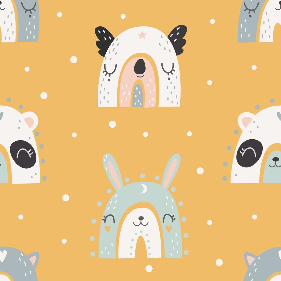 Seamless pattern with rainbows with animal faces. Vector illustration