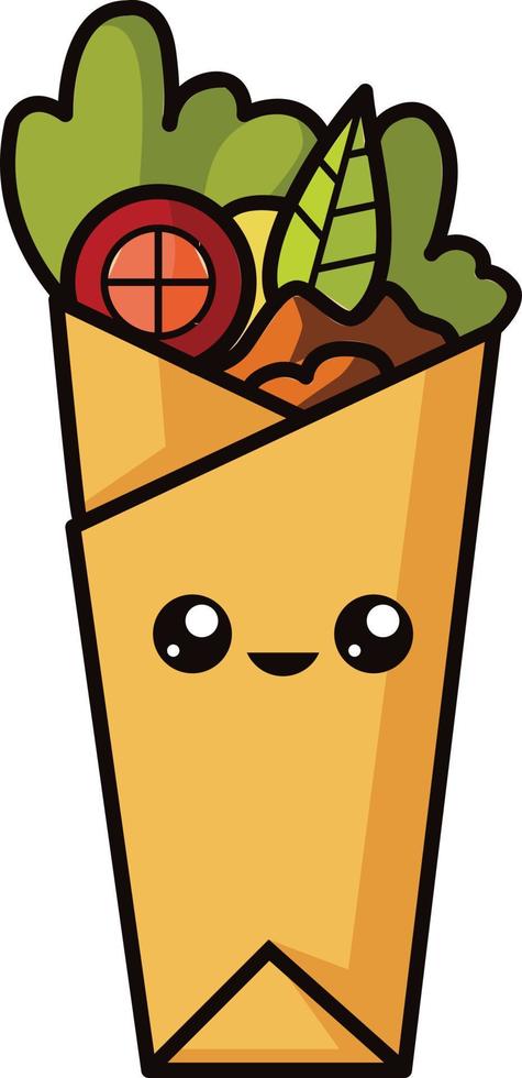 lindo personaje de kebab, ilustración de vector de emoticono de dibujos animados. icono de garabato