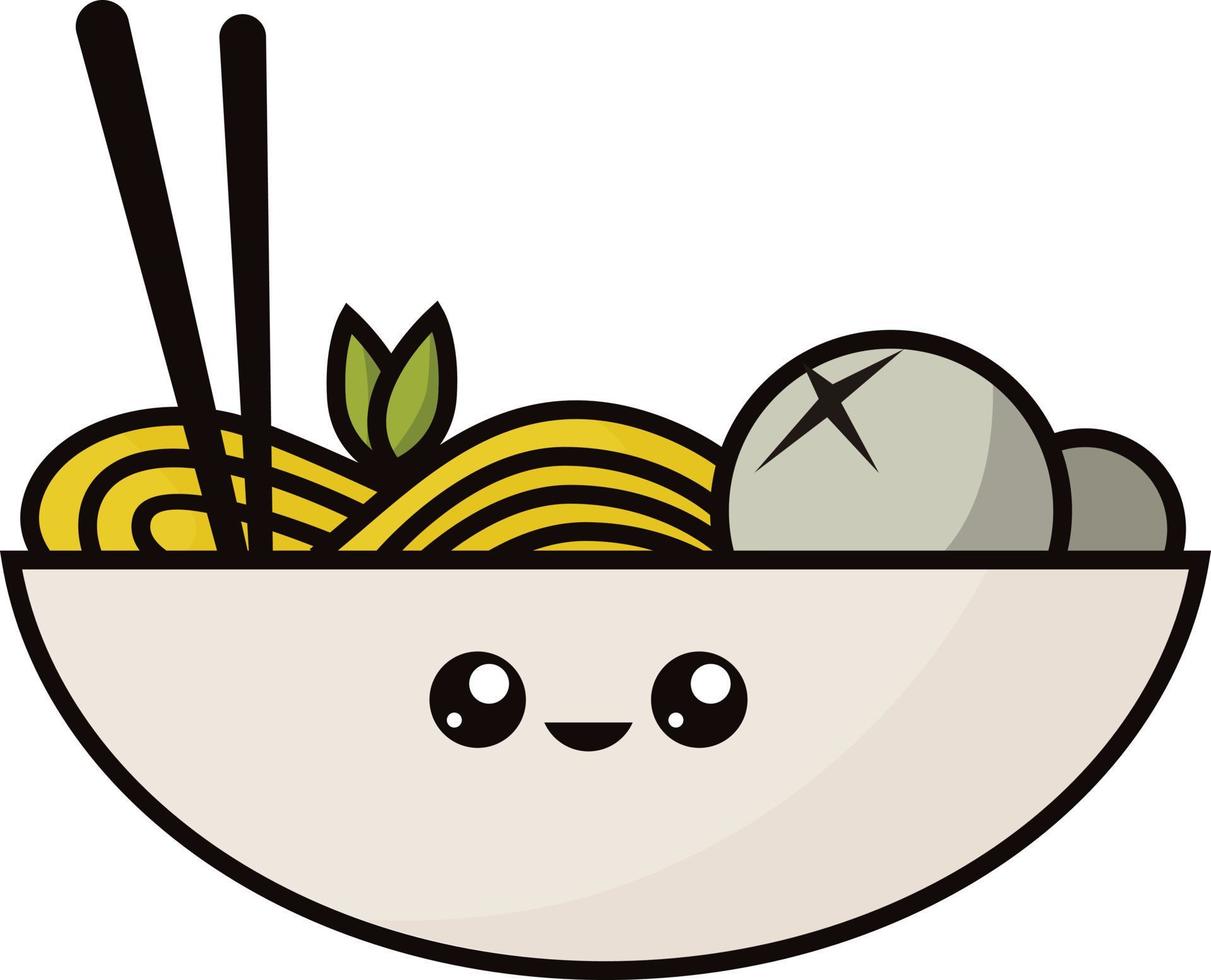 lindo personaje de fideos de albóndigas, ilustración de vector de emoticono de dibujos animados. icono de garabato