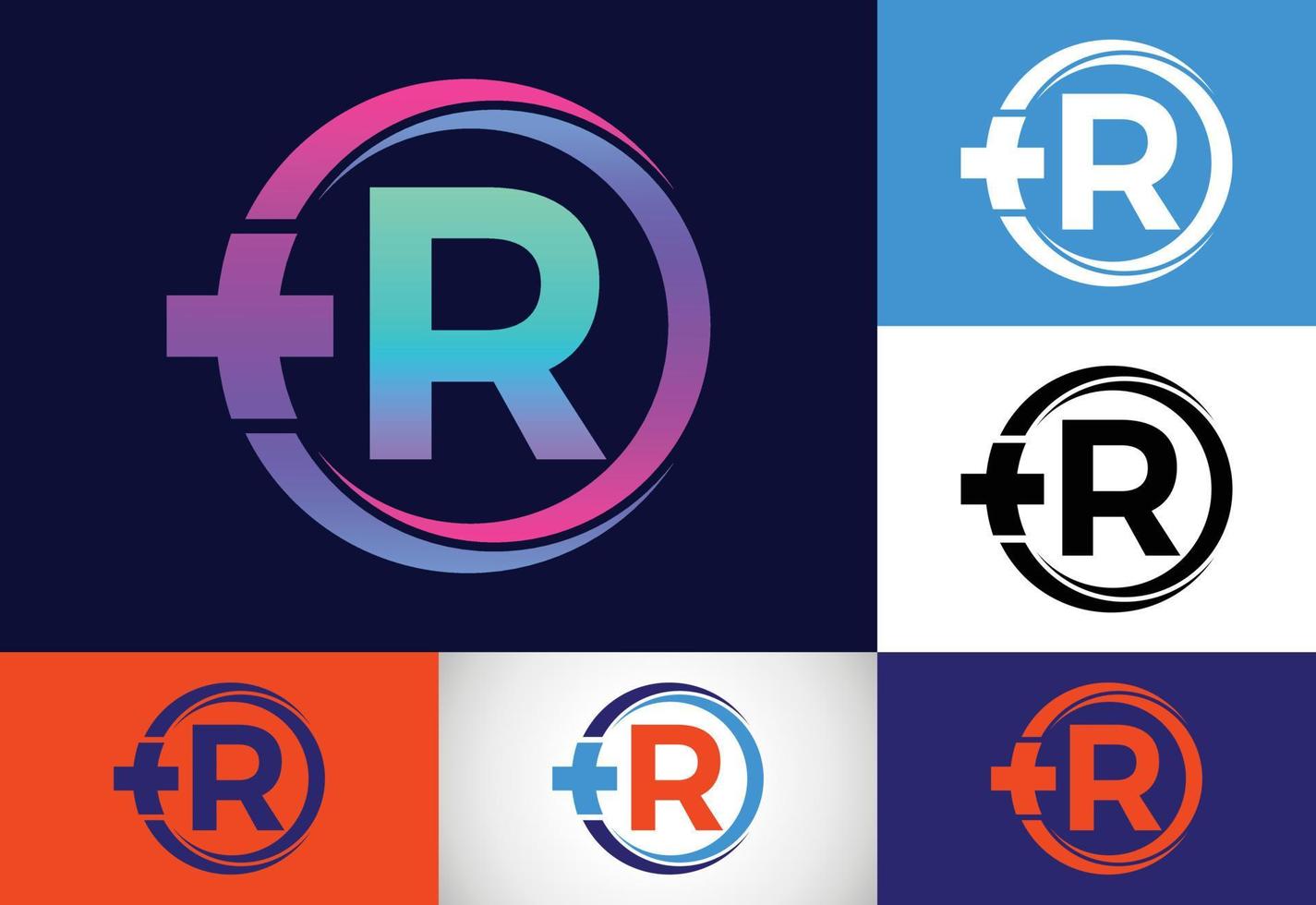 monograma r inicial en un círculo con cruz más. logotipo médico. logotipo para farmacia, negocio clínico. vector