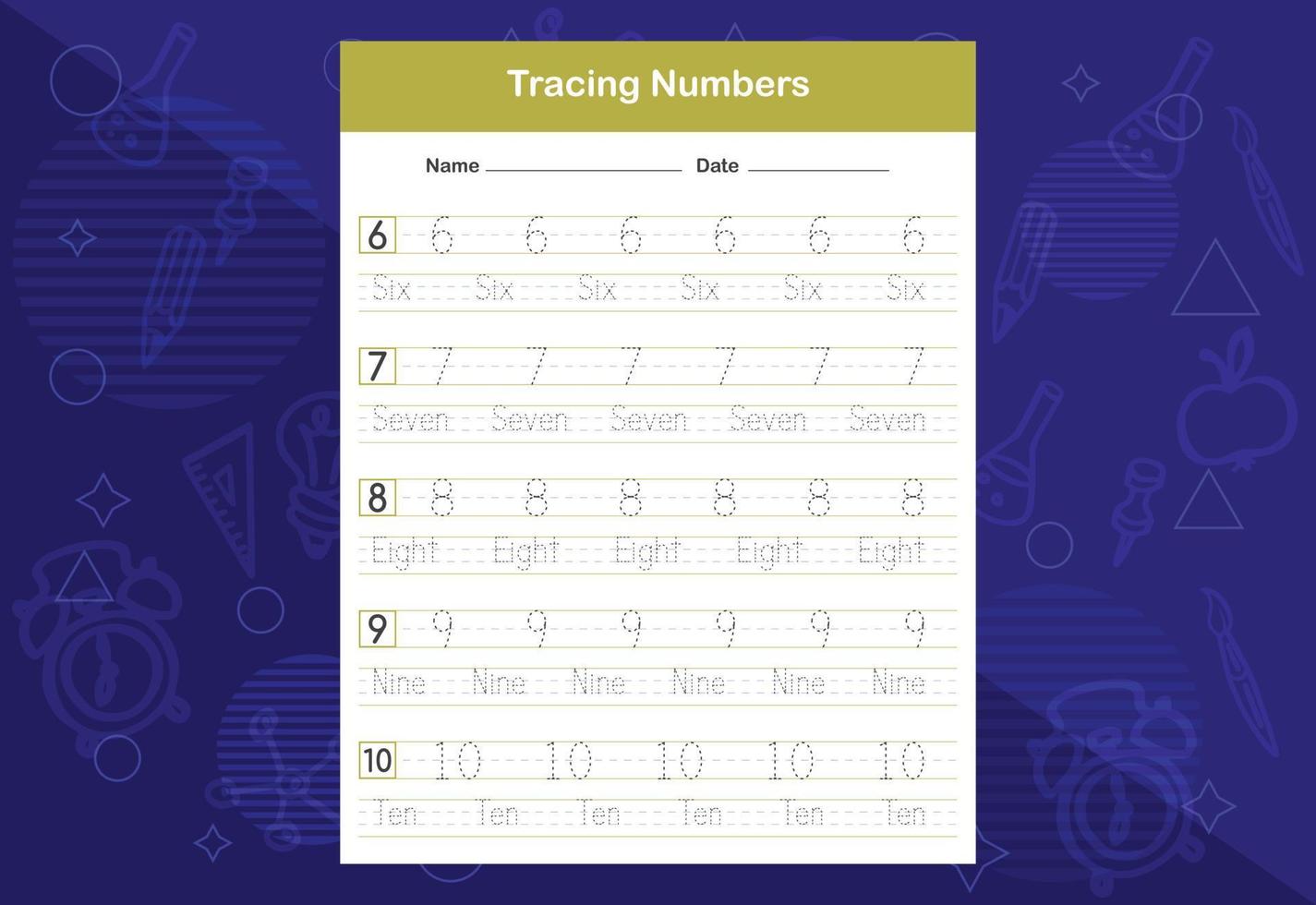 Tracing Numbers Worksheets. An educational worksheet for kids. Learn Numbers vector