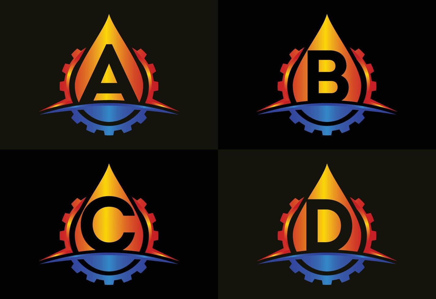 Initial A B C D monogram alphabet with gear swoosh and oil. Oil and gas logo concept. Font emblem vector