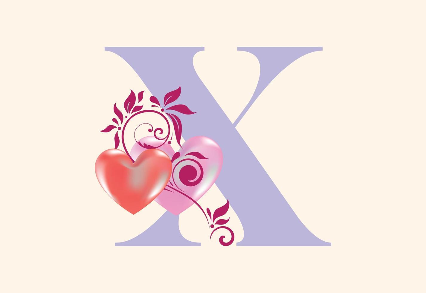 Floral X monogram letter with heart sign. Initial alphabet with botanical elements. vector