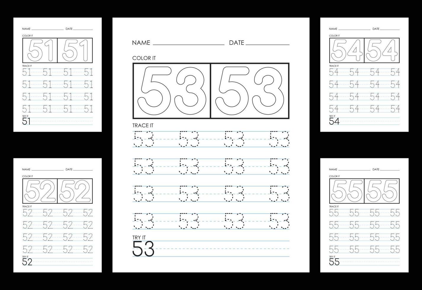 Tracing And Coloring Numbers Worksheets Learn Numbers. vector