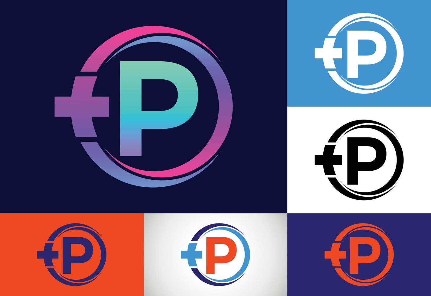 Initial P monogram in a circle with cross plus. Medical logo. Logo for pharmacy, clinic business. vector