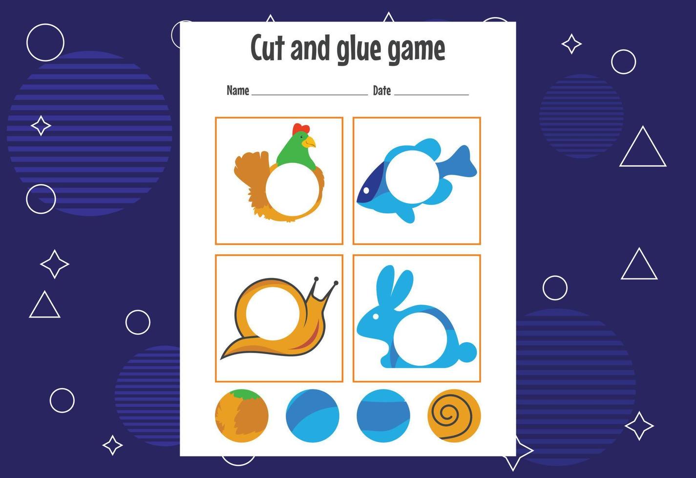 Cut and glue game for kids. Cutting practice for preschoolers. Education paper game for children vector